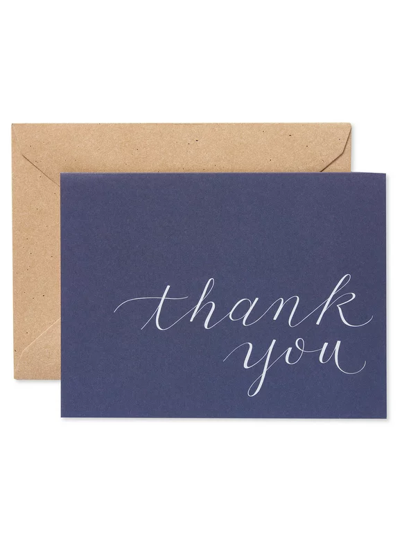 American Greetings Navy Blue Thank You Cards and Brown Kraft-Style Envelopes, 5.25" x 4", 50-Count