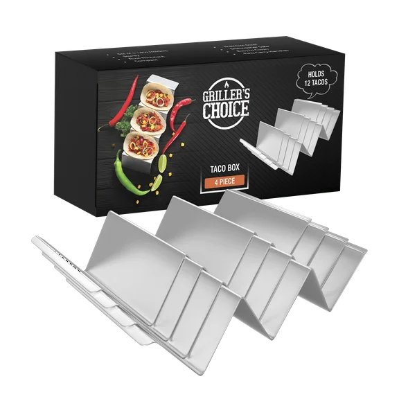Griller's Choice Stainless Steel Taco Holder Set - 4 Pack Taco Shell Holder Stand for 12 Tacos, Easy to Clean Taco Serving Platter, Taco Rack for Grillers and Griddle Users