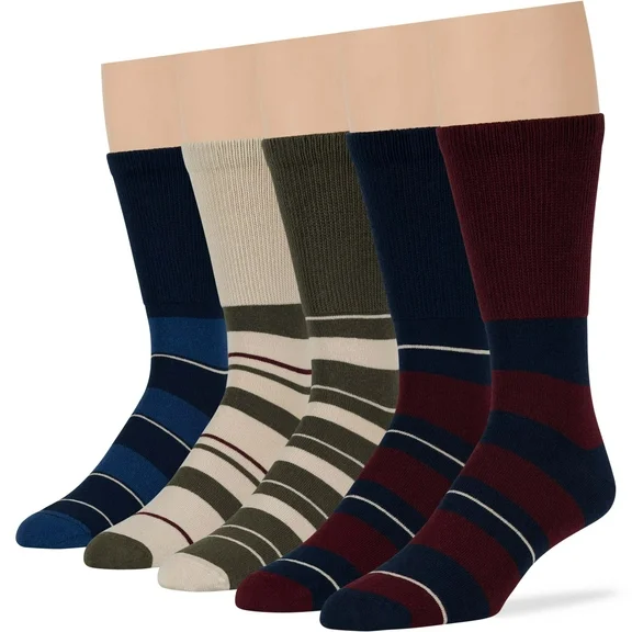 Men's Diabetic Seamless Crew Socks - 5 Pack Large - Stripe Pattern - Sock Size 10-13 Shoe Size 9-12 Burgundy, Dark Navy, Olive Green, Light Beige