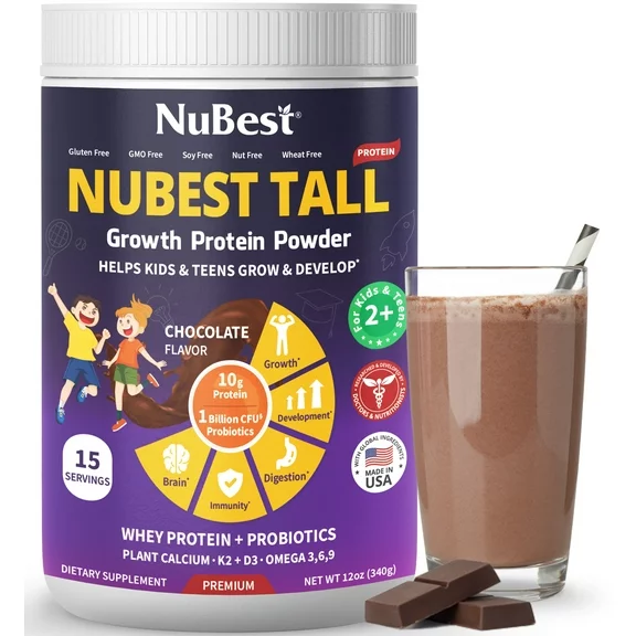 NuBest Tall Growth Protein Powder - Protein Mix Powder For Kids & Teens with Protein, Probiotics, Omega-3, K2 D3, 20  Vitamins & Minerals - 15 Servings - Chocolate Flavor
