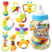 Rattle Teether Set Baby Toys 9pcs Shake and GRAP Baby Hand Development Rattle Toys for Newborn Infant with Giant Bottle Gift for 3 6 9 12 18Month