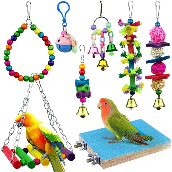 ZITA ELEMENT Bird Toys 8 Pack Parrot Toys for Small Parakeets Cockatiels Conures Finches Swing Chewing Hanging Bell Cage Hammock Toy