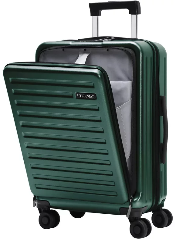 TydeCkare 20" Carry On Luggage with Front Zipper Pocket, 45L, Lightweight ABS+PC Hardshell Suitcase with TSA Lock & Spinner Silent Wheels, Dark Green