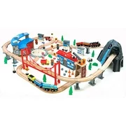 Maxim 100 pc Mountain Wooden Train Set with Roundhouse for Toddler with Double-Side Train Tracks Fits Brio, Thomas, Melissa and Doug, Kids Wood Toy Train for 3,4,5 Year Old Boys and Girls