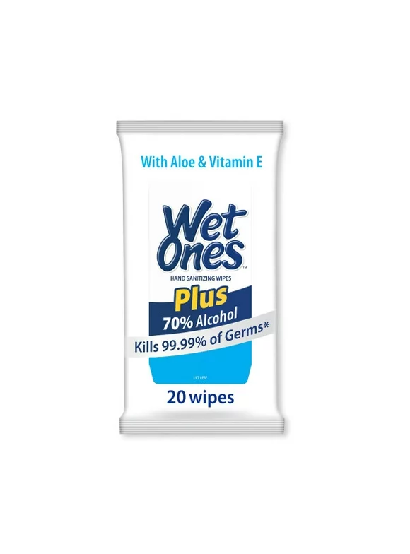 Wet Ones Plus Alcohol Hand Sanitizing Wipes Travel Pack, 20 Ct, Kills 99.99% of Germs, With Aloe & Vitamin E