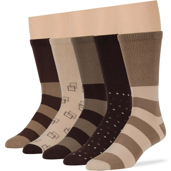 Men's Diabetic Non-Binding Cotton Crew Socks - 5 Pack Big Tall - Stripe Pattern - Sock Size 13-15 Shoe Size 12-15 XL Light Beige, Beige, Khaki, Brown, Dark Brown