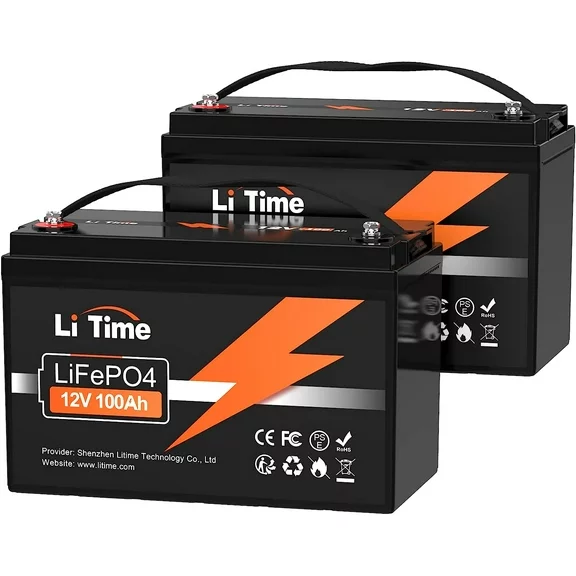 LiTime 12V 100Ah LiFePO4 Lithium Battery (2-Pack), 4000~15000 Deep Cycle Lithium Iron Phosphate Battery, Built-in 100A BMS, Support in Series/Parallel, for RV, Camping, Solar