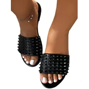 Women's Studded Spike Flat Sandals Summer Peep Toe Slip On Mules Slippers Shoes