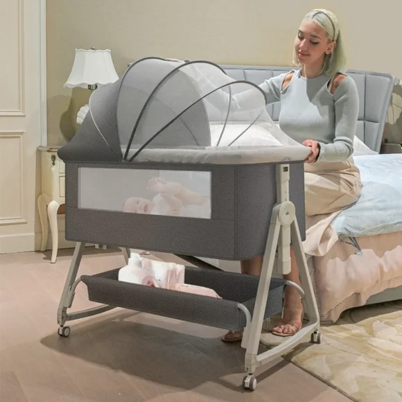 Yadala Baby Bassinet, 3 in 1 Bedside Sleeper with Storage Basket, Easy to Fold Bedside Crib, Gray