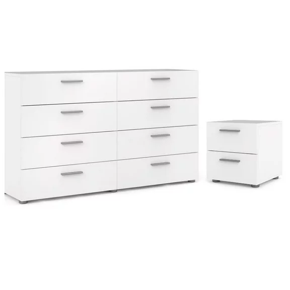 Home Square Scandinavian Look 2 Piece Bedroom Set 8 Drawer Double Dresser and Nightstand in White