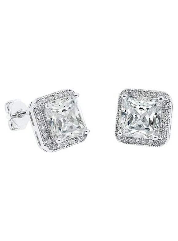 Cate & Chloe Norah 18k White Gold Plated Silver Stud Earrings with Crystals | Princess Cut CZ Earrings for Women