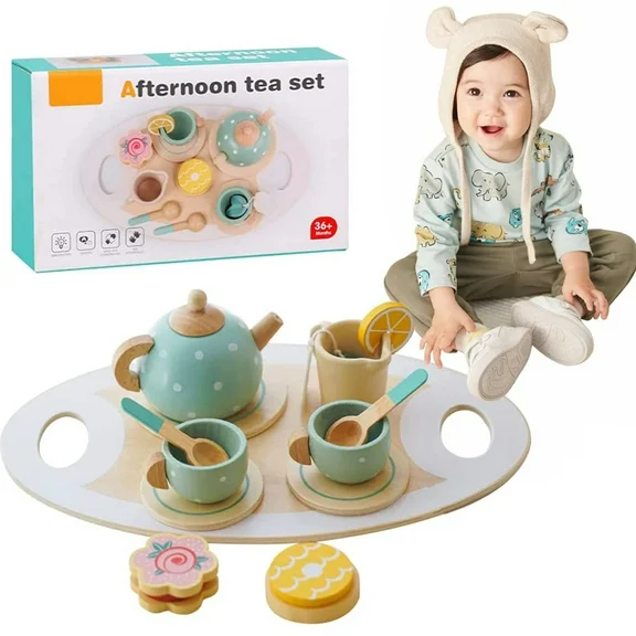 Tea Party Set for Little Girls, Wooden Tea Set with Tray, Food Pretend Play Accessories Kids Kitchen Playset Wooden Toys for 2 3 4 5 6 Year Old Girl Birthday Gift