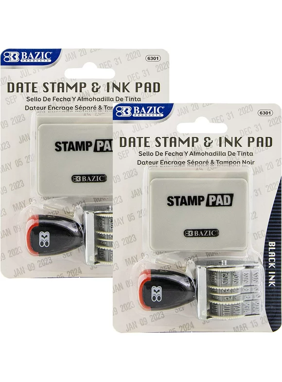 BAZIC Date Stamp and Ink Pad (Black Ink), 12 Years of Dates, Nickel-Plated Steel, Stamp Impression Size 1" x 0.15", Great for Office, Shipping, Receiving, Accounting, Expiration, Due Dates, 2-Pack
