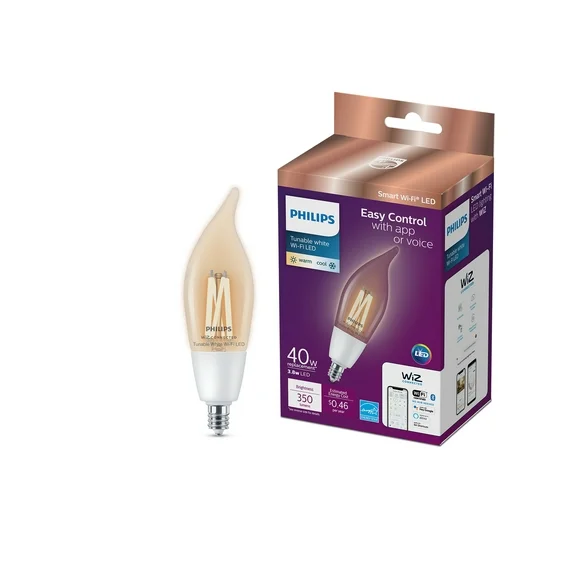 Philips Smart Wi-Fi Connected LED 40-Watt BA11 Filament Candle Light Bulb, Clear Tunable White, Dimmable, E12 Candelabra Base (1-Pack)