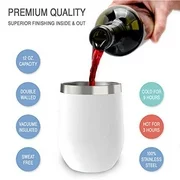 12 oz Wine Tumbler with Lid, Double Wall Vacuum Insulated Stemless Glass, Stainless Steel Wine Cup with Straw and Straw Brush for Wine, Coffee, Drinks, Champagne, Cocktails (White)