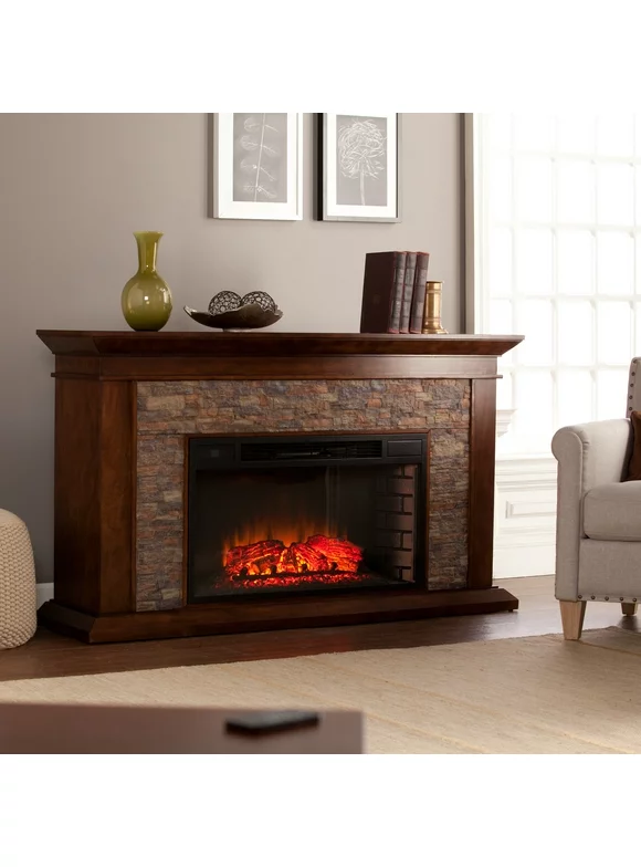 Sei Bodilla Traditional style Electric Fireplace in Whiskey maple with Durango faux stone finish