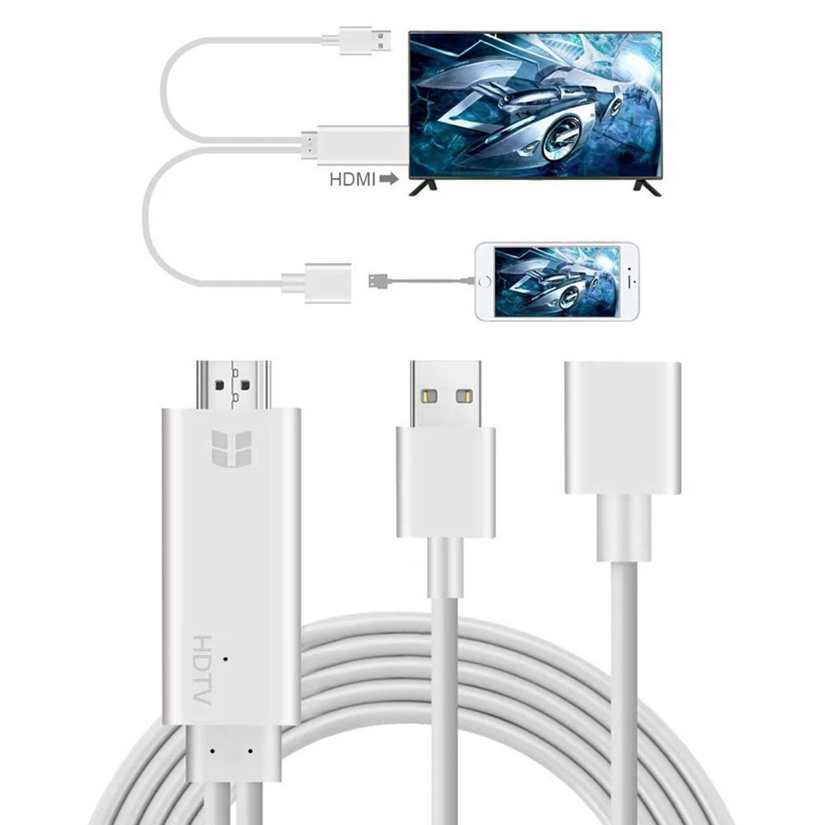 3 in 1 Smartphone to HDMI/Micro USB/TYPE C Adapter , Lightning to HDMI 1080P Digital AV Adapter, iPhone HDMI Cables Adapter, S7 HDMI Cable to TV, for iPhone/iPad/S9/S8/Note 8 and More, I0370