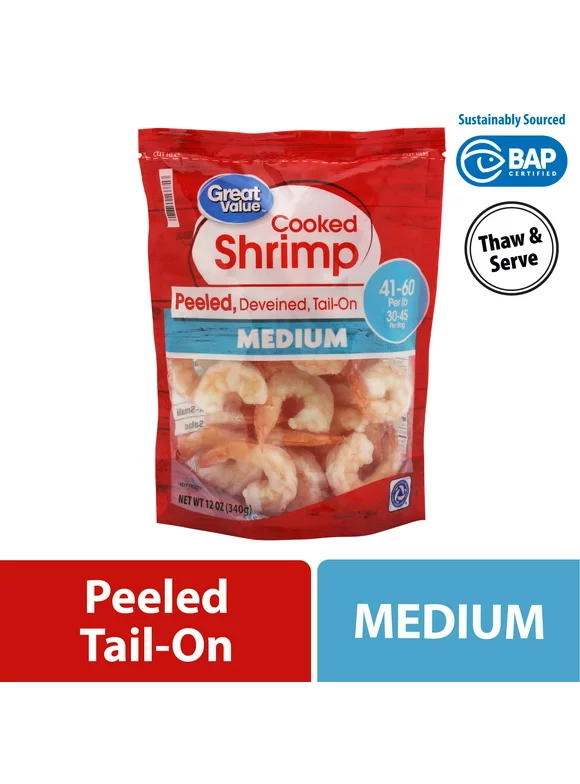 Great Value Frozen Cooked Medium Peeled & Deveined Tail-on Shrimp, 12 oz (41-60 Count per lb)