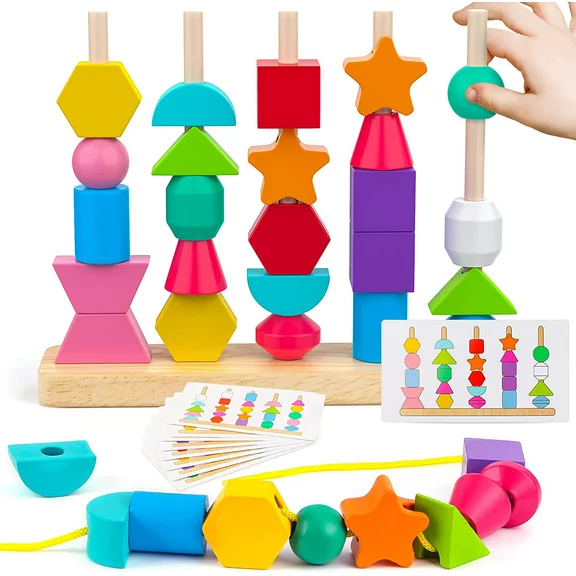 Wooden Beads Sequencing Play Set for Kids, Montessori Lacing Beads & Stacking Blocks & Matching Shapes Colors Toys, Best Preschool Learning Toys for Toddler 2 3 4 5 Year Old Boys Girls