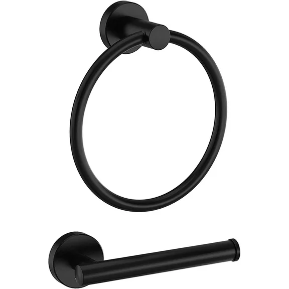 Marmolux Acc 2-Piece Matte Black Bathroom Hardware Accessories Set, Stainless Steel Wall Mounted - Includes Hand Towel Ring, Toilet Paper Holder Wall