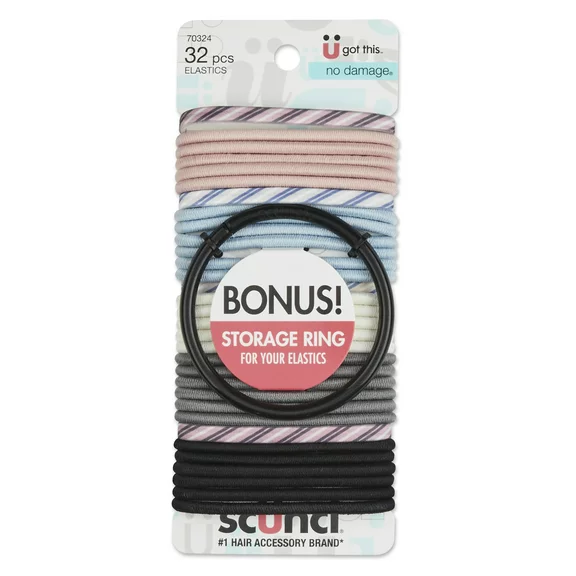 Scünci No Damage Elastic Ponytail Holder Hair Ties with Storage Ring, Assorted Pastels, 32 Ct