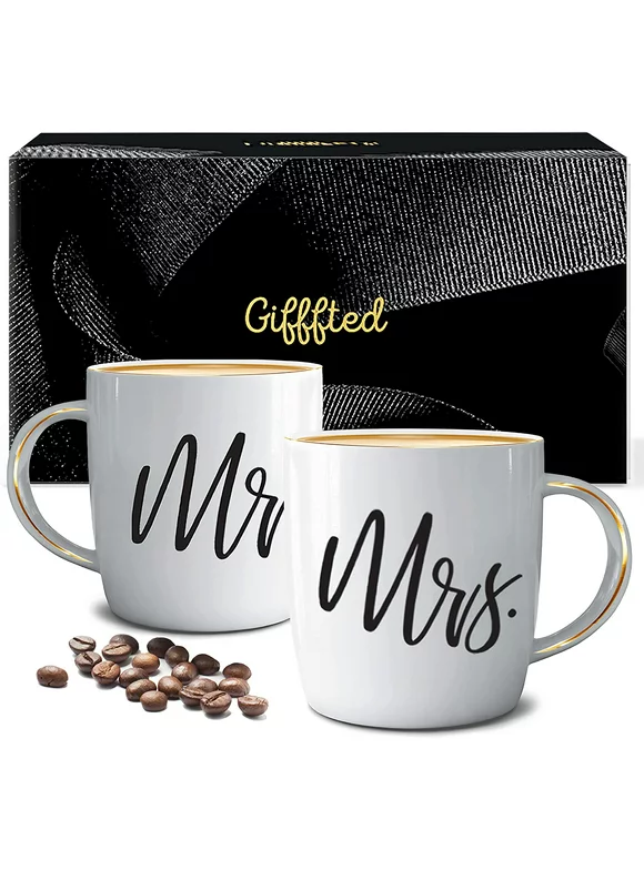 Triple Gifffted Mr and Mrs Coffee Mugs Couples Gifts Ideas for Christmas Wedding Anniversary Engagement Valentines His Hers Present,husband Wife Him Her Men Women Bride Groom Newlyweds, Ceramic 380ml
