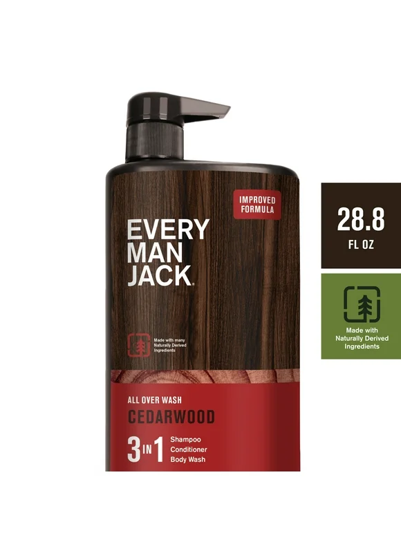 Every Man Jack Hydrating Men's Cedarwood 3-in-1 Body Wash and Shampoo and Conditioner, 28.8 fl oz