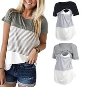 Women Maternity Breastfeeding Tee Nursing Tops Striped Short Sleeve T-shirt