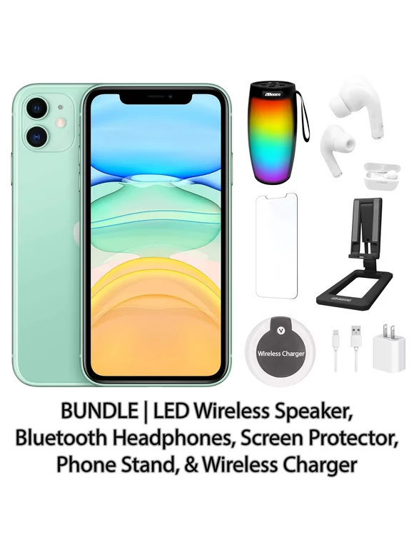 Refurbished Apple iPhone 11 128GB Green Fully Unlocked with LED Wireless Speaker, Bluetooth Headphones, Screen Protector, Wireless Charger, & Phone Stand