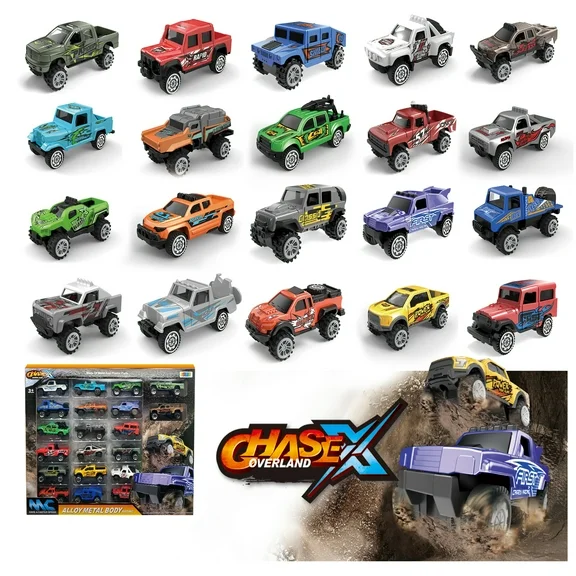 Set of 20 Toy Cars, Trucks or Vehicles in 1:24 Scale Diecast Toy Vehicles Playset Model Durable Diecast Mini Racer Cars in Assorted Designs, Cool Birthday Party Favors for Kids