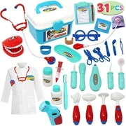 JoyX Kids Doctor Kit 31 Pieces Pretend-n-Play Dentist Medical Kit with Electronic Stethoscope and Coat for Kids Holiday Gifts, School Classroom and Doctor Roleplay Costume Dress-Up.