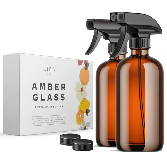 LiBa Glass Spray Bottles for Cleaning, Essential Oils, Hair, Plants Empty Spray Bottles, Refillable, Amber, 16 Oz, 2 Pack