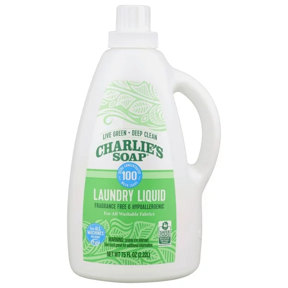 Charlie's Soap, Liquid Laundry Detergent for Sensitive Skin, Fragrance Free, 75 fl oz (1 Pack)