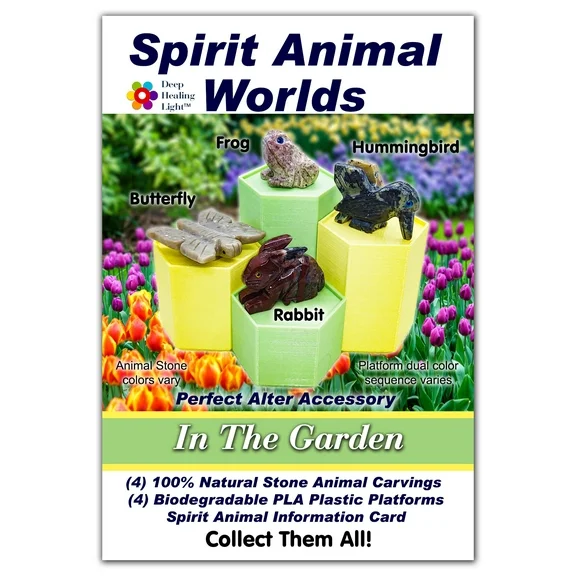 Spirit Animal Worlds - In The Garden Set - Hand Carved Collections of Butterfly, Frog, Hummingbird, and Rabbit Natural Stone Figurines with Display Stands and Information Card