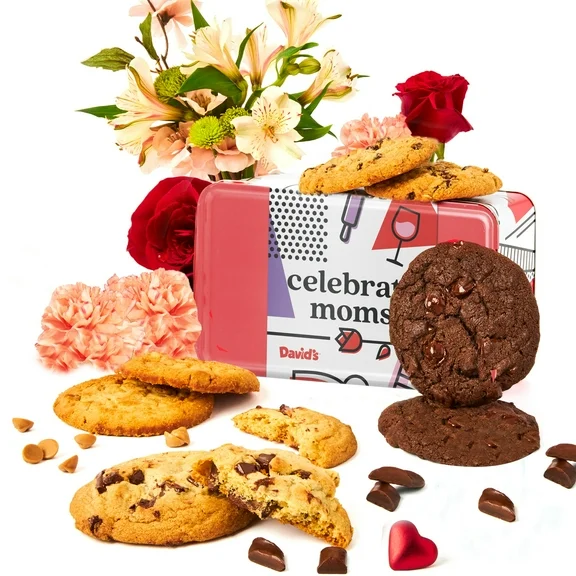 David’s Cookies Celebrate Moms Assorted Fresh Baked Cookies Sweet Sampler Tin - Chocolate Chunk, Peanut Butter Chip, Double Chocolate Chunk & Oatmeal Raisin Flavors - Gourmet Cookie Food Gift 8 Count