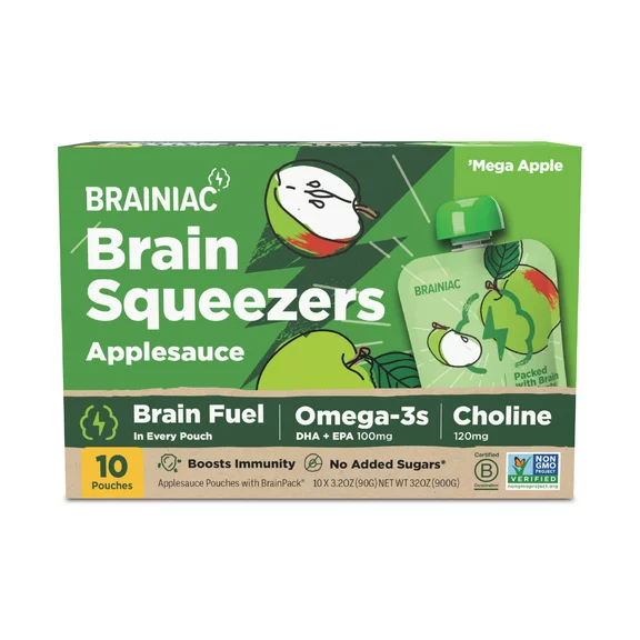 Brainiac Brain Squeezers Applesauce with Omega-3s, Apple, No Sugar Added, 3.2 oz, 10 Ct