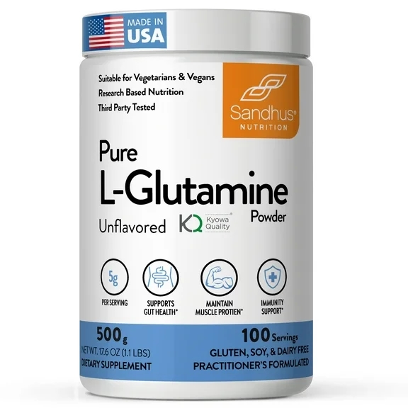 Sandhu's 100% Pure L-Glutamine Powder, for Healthy Gut, Made in USA, 5g per Scoop, 100 Servings