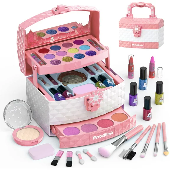 WATTNE Kids Makeup Kit for Girls 35 Pcs Washable Real Cosmetic, Safe & Non-Toxic Little Girl Makeup Set, Frozen Makeup Set for 3-12 Year Old Kids Toddler Girl Toys Christmas & Birthday Gift (Pink)