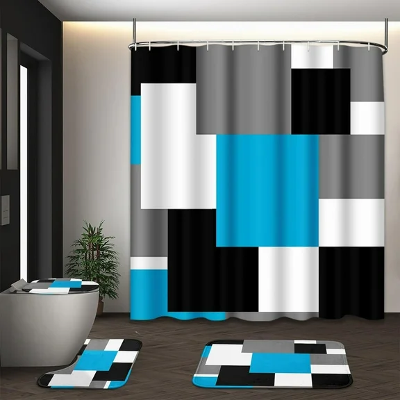 FRAMICS Blue Geometric Shower Curtain and Rug Sets, 16 Pc Black Gray Modern Abstract Bathroom Sets, Waterproof Fabric Shower Curtain with 12 Hooks and Toilet Rugs