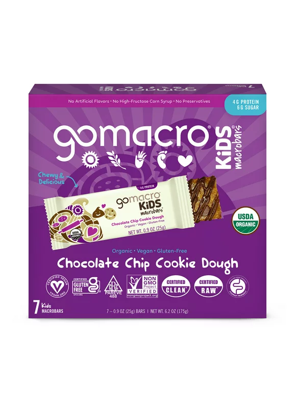 GoMacro Kids MacroBar, Chocolate Chip Cookie Dough, Organic Vegan Snack Bars, 7 ct