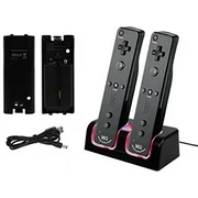 For Nintendo NIN Wii / Wii U Remote Dual Charger Dock With 2 Rechargeable Batteries & Docking Station + LED Lights For Wii Remote Control - Black