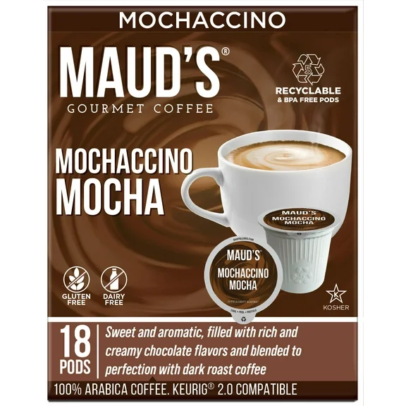 Maud's Dark Chocolate Mocha Cappuccino Espresso Coffee Pods, Mochaccino, Compatible w/ K-Cup Brewers, 18ct
