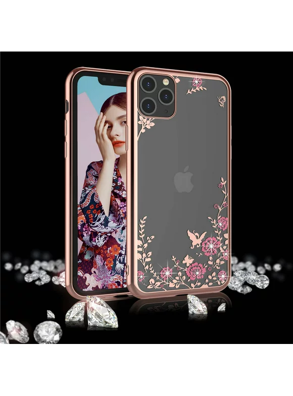 iPhone 11 Pro Max Case,   Njjex Clear Flower Floral Shock Absorption Bling Glitter Sparkle Hard Slim Case TPU Bumper Protective Cover For 2019 6.5" iPhone 11 Pro Max
