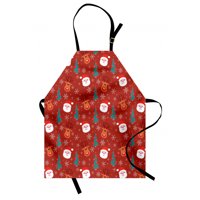 Red Apron Smiling Cartoon Santa with Rudolph Tree and Snowflakes Merry Christmas Holiday, Unisex Kitchen Bib Apron with Adjustable Neck for Cooking Baking Gardening, Red Multicolor, by Ambesonne