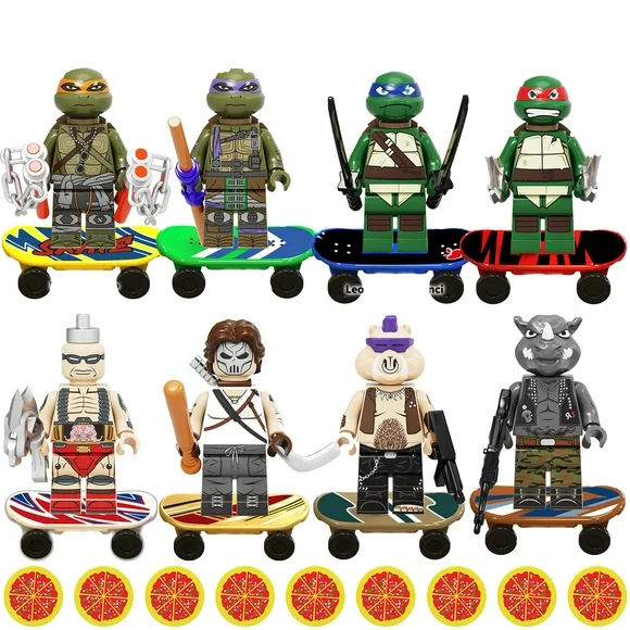 8 Pcs/Set Ninja Turtles Action Figures Building Blocks Toys, 1.77 Inch Turtles Figures with Skateboard Anime Movie Character Figures Assembling Toys for Boys Teenages Fans Birthday Gift