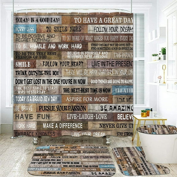 FRAMICS Brown Inspirational Quotes Shower Curtain and Rug Sets, 16 Pc Vintage Wooden Bathroom Decor Set, Waterproof Shower Curtain with 12 Hooks and Toilet Rugs