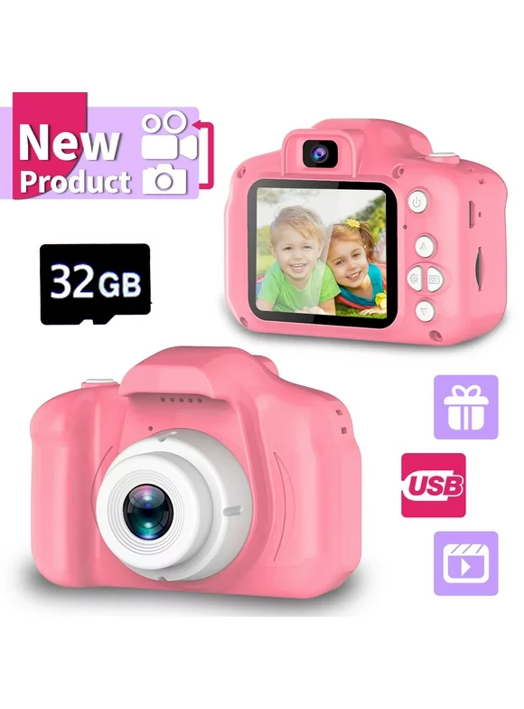 Seckton Kids Digital Camera, Birthday Gifts for Girls Age 3-9, HD Digital Cameras , Girl Gift Camera with 32GB SD Card - Pink