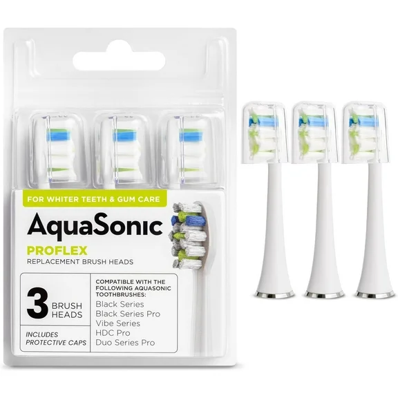 Aquasonic Electric Toothbrush Replacement Brush Heads Set, White 3-Pack
