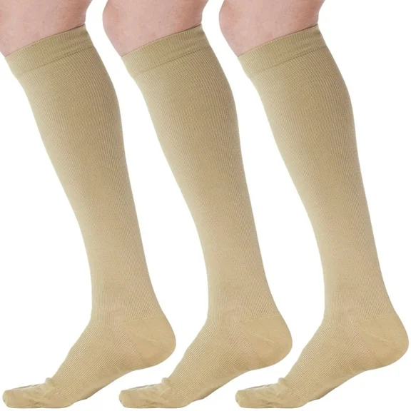 (3 Pairs) Made in USA - Unisex Compression Knee High 20-30 mmHg - Khaki, Large