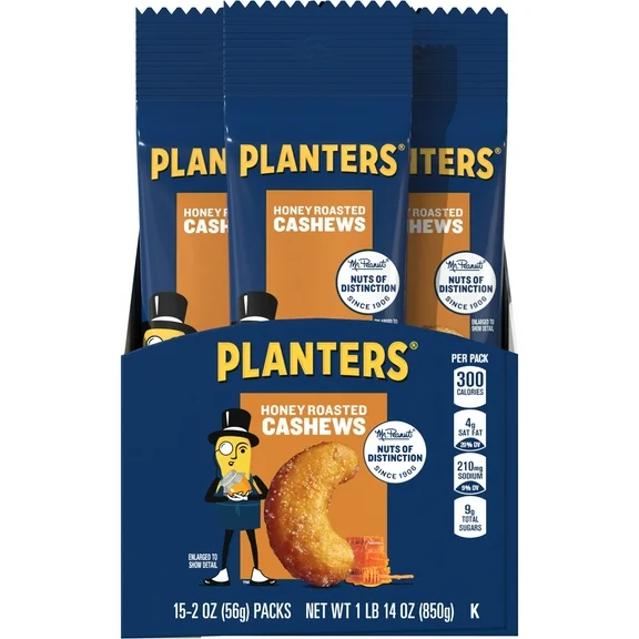 PLANTERS Deluxe Honey Roasted Whole Cashews, Plant-Based Protein, 2 oz Bags (Pack of 15)